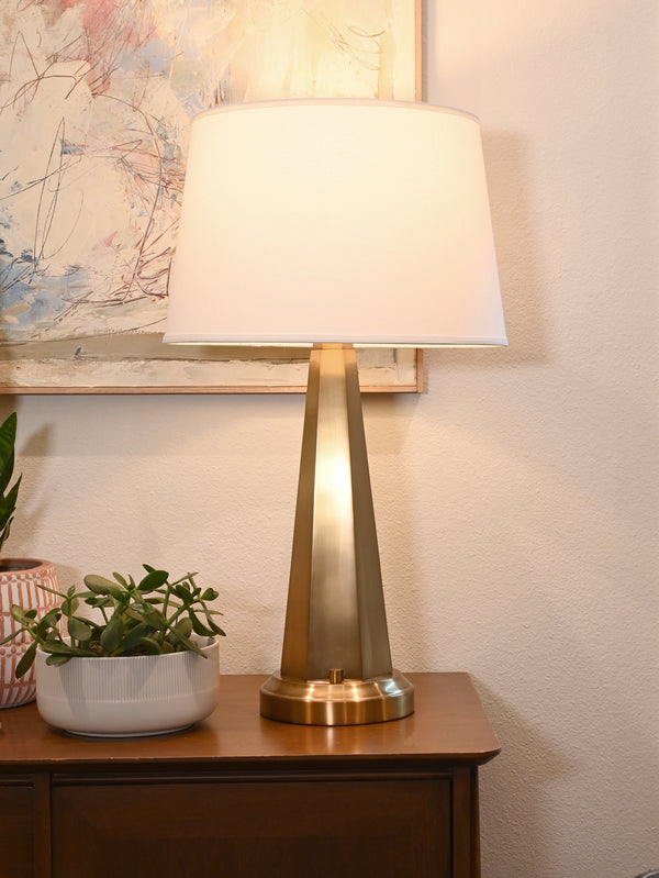 Antique Brass Cordless Table Lamp with Linen Shade