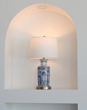 blue and white asian ceramic painted lamp that is rechargeable